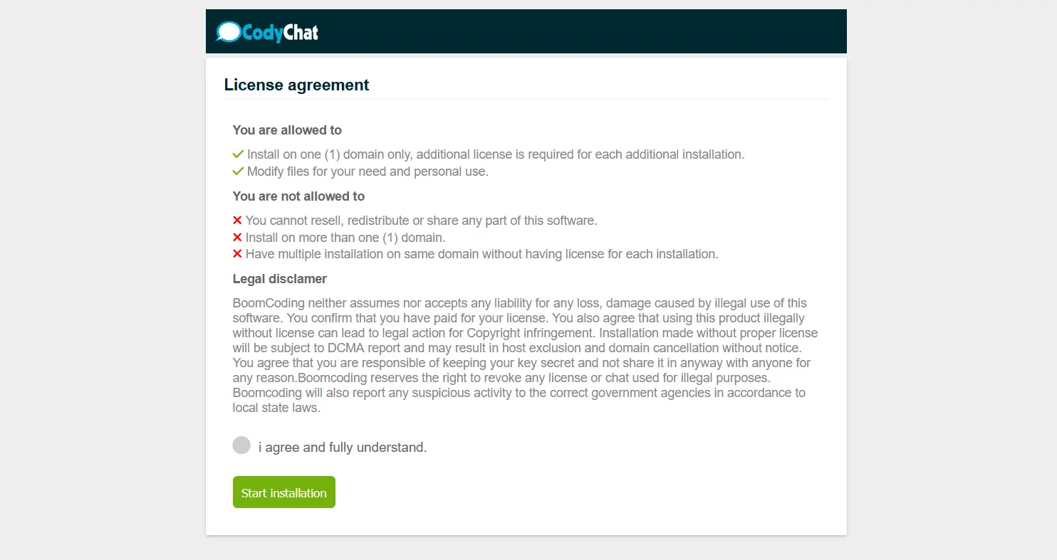 Codychat installation - installer page